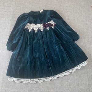 Vintage Emerald Green Velvet Girls Dress Size 4T Heirloom Holiday USA